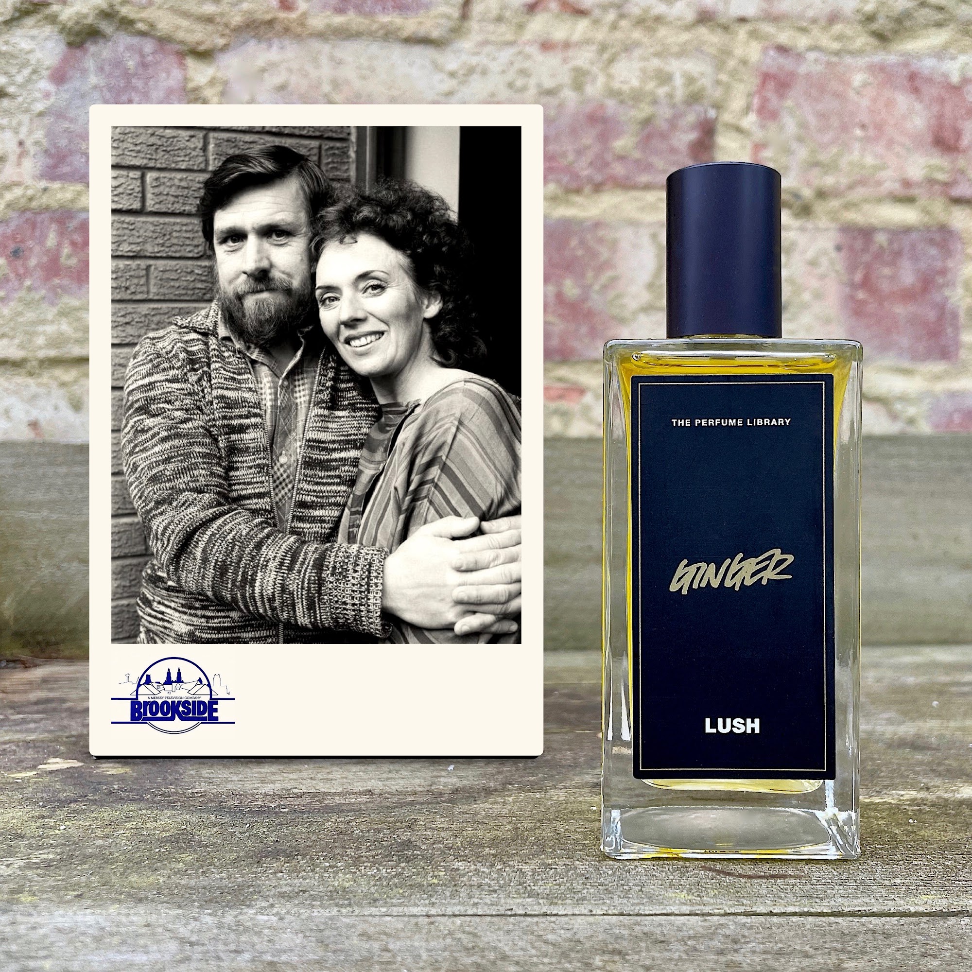 A bottle of Ginger perfume by LUSH and a picture of Sue Johnston and Ricky Tomlinson from Brookside