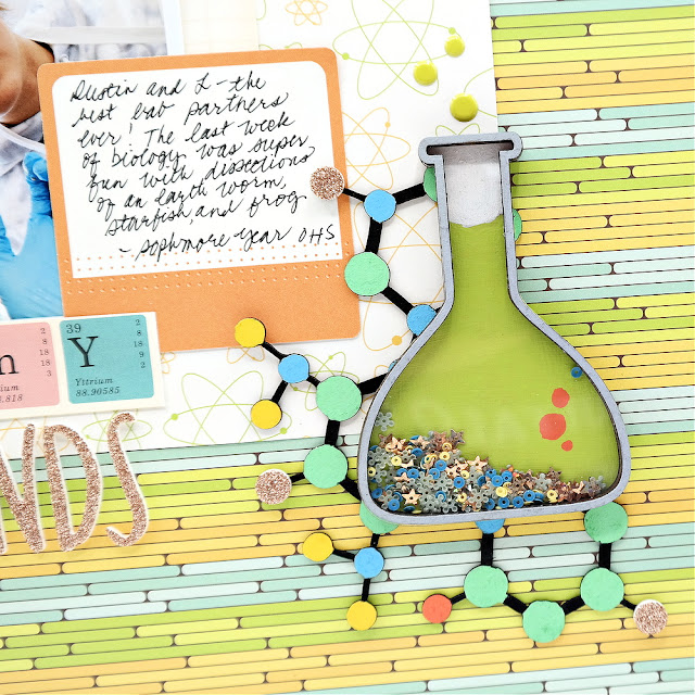 Chipboard Lab Glassware Shaker Element on Molecular Structures on a Science Themed Biology Lab Scrapbook Layout