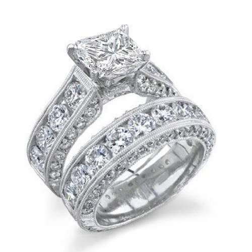 50 Ct Princess Diamond Engagement Wedding Ring Set 14k Gold Center 3 ...