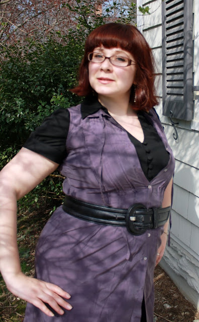 daily outfit, WIWT, layered dress, purple tunic, black dress, belt, closeup