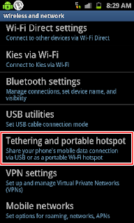 wireless and network menu in android with tethering and portable hotspot option