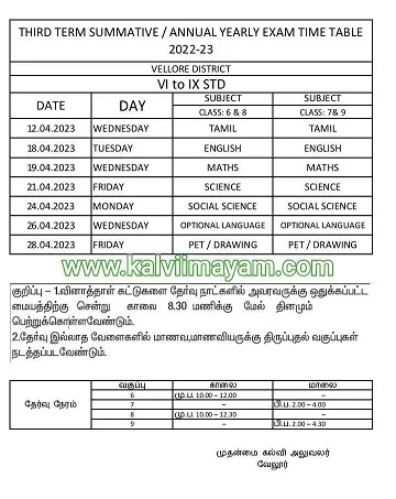 6th to 9th Annual Exam Time Table 2023 - Vellore District