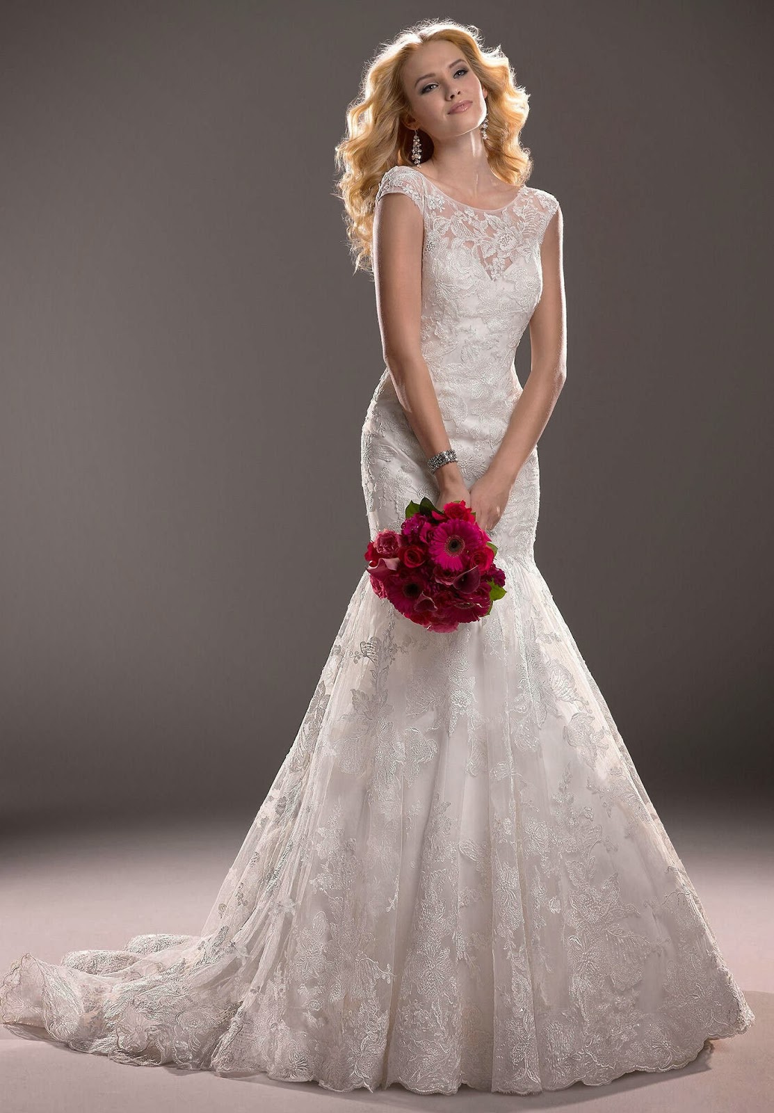 vintage wedding dresses with sleeves and lace Lace Jewel Cap Sleeves Mermaid Elegant Wedding Dress