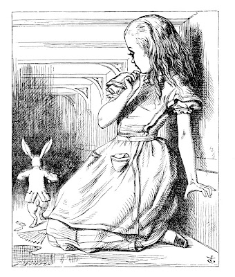 Giant Alice startles the Rabbit, who drops his gloves and fan