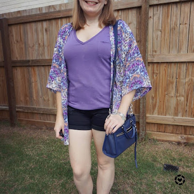 awayfromblue Instagram purple tee and printed kimono isolation dog walking mum style