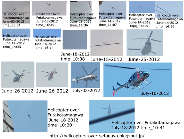 Helicopters flying over Futakotamagawa Tokyo Japan in June and July 2012