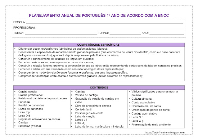 PLANEJAMENTO ANUAL DE PORTUGUÊS - 1º ANO ALINHADO À BNCC