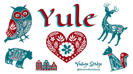 Yule banner with nordic cut out images in green and red owl, bear, village, cat, deer and "yule" in celtic letting with "vintagebrdge @anartsnotebook" logo