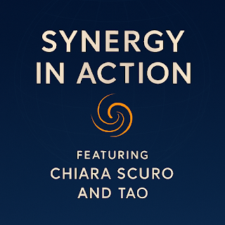 A digital graphic with a deep blue gradient background, a golden spiral at the center, and bold white text reading “Synergy in Action: Featuring Chiara Scuro and TAO,” symbolizing conscious connection and collective empowerment. ConsciousSynergyMovement.com