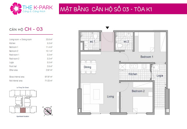 Thiết kế căn hộ 03 - Dt 67m2 - 02 phòng ngủ