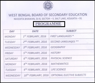 West Bengal Secondary Examination 2016 Programme Chart