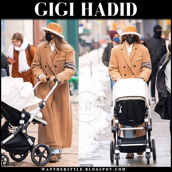 Gigi Hadid in long tan knit coat