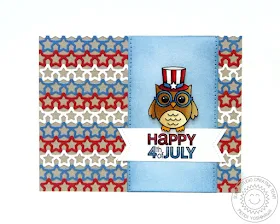 Sunny Studio: Patriotic Good Sam Red, White & Blue Owl Card by Mendi Yoshikawa (using Woo Hoo stamps, Stars & Stripes stamps, Star Border die and Fishtail Banner dies)