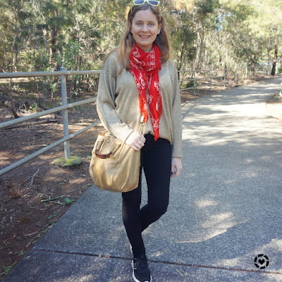 awayfromblue Instagram | vintage Haneli metallic gold knit jumper with nobody denim black skinny jeans and red skull scarf chloe ethel bag