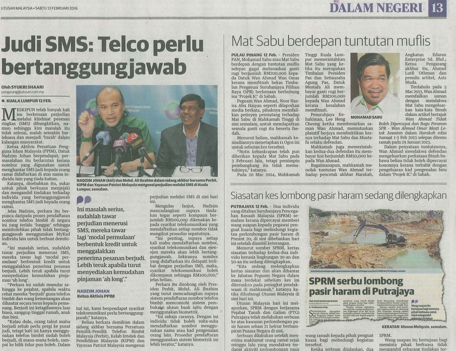 Blog Rasmi PPIM: 2559) UTUSAN MALAYSIA - JUDI SMS : TELCO 