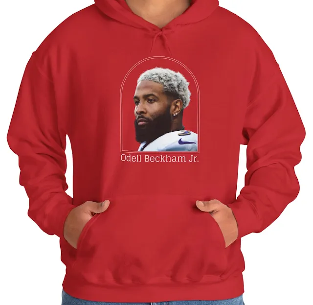 A Hoodie With NFL Player Odell Beckham Jr Close Up Face Showing Attitude and Name Text