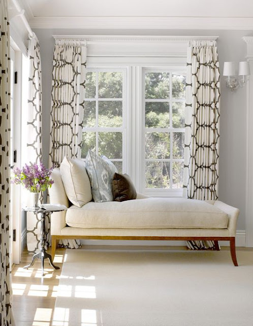 settee under window trellis drapes curtains corner living room decorating