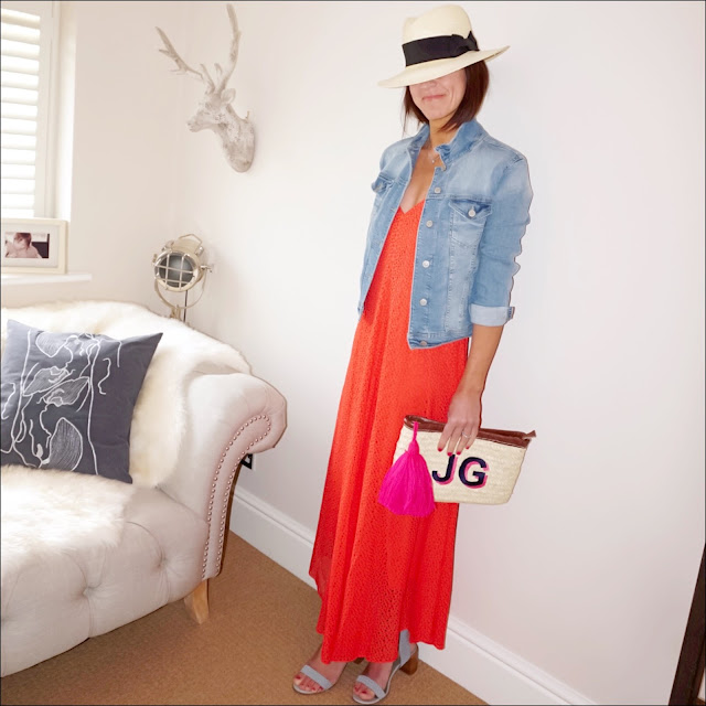 My Midlife fashion, handm panama hat, zara cropped denim jacket, tibi broderie maxi dress, initially london ibiza clutch, marks and spencer block heel studded sandals