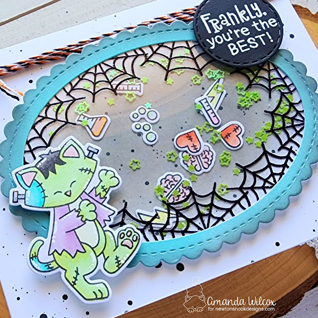 Frankenstein Kitty Card by Amanda Wilcox | Franken-Newton Stamp Set, Spiderweb Oval Stamp Set, Oval Frames Die Set and Circle Frames Die Set by Newton's Nook Designs #newtonsnook #handmade