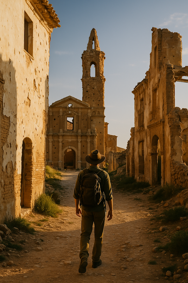 Ruinas de la iglesia de San Martín de Tours en Belchite Viejo, uno de los pueblos fantasma más impactantes de España, con su torre mudéjar y los agujeros de bala visibles.
