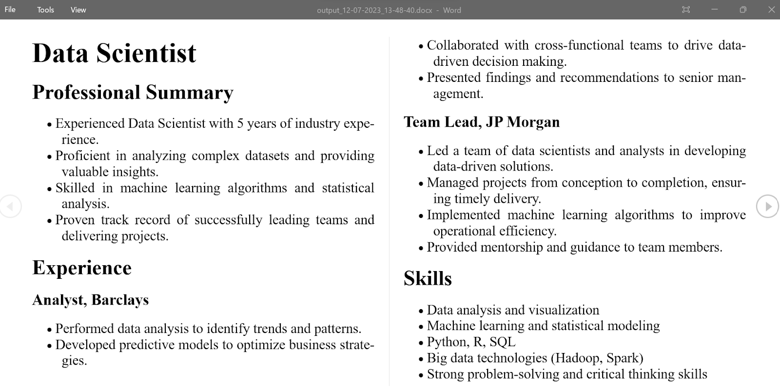 Generate resumes in MS Word using ChatGPT Add-In