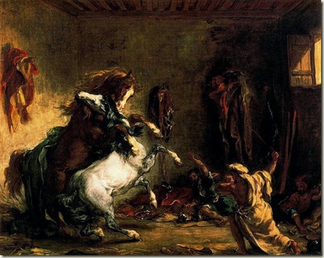 Cavalos Árabes lutando numa estrebaria, Eugène Delacroix, 1860