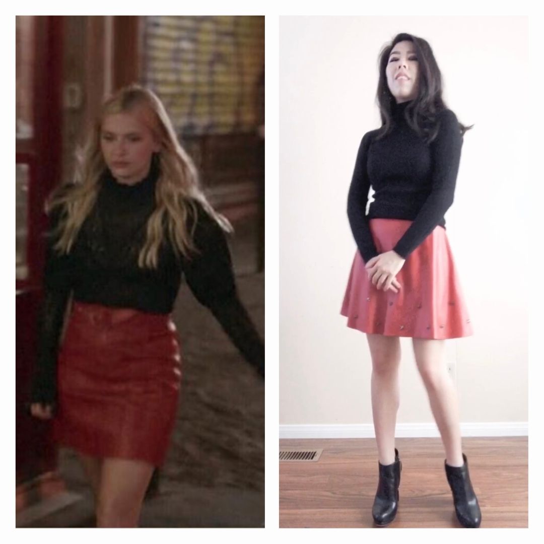 Adrienne Nguyen_Emily in Paris Camille's Black Turtleneck and Red Leather Skirt Outfit_French Aesthetic