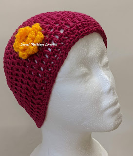 Sweet Nothings Crochet free crochet pattern blog, free crochet pattern for a chemo cap, photo of one of the chemo caps donated,