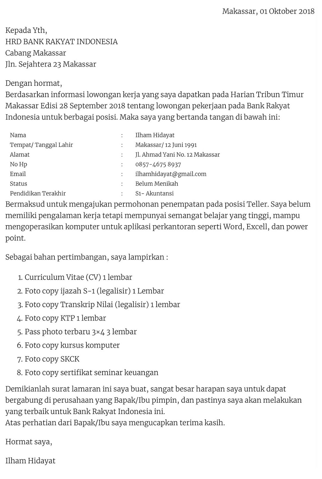 Contoh Surat Lamaran Kerja Berdasarkan Iklan Lowongan ...