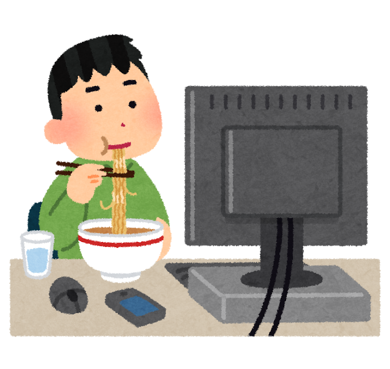 無料イラスト かわいいフリー素材集 パソコンの前でご飯を食べる人のイラスト