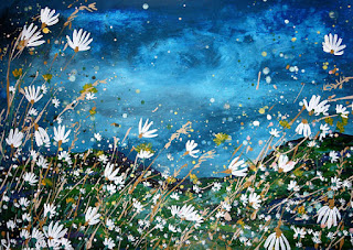 Large (A3) Giclee fine art print of original acrylic painting of daisies overlooking Scottish Borders hillside