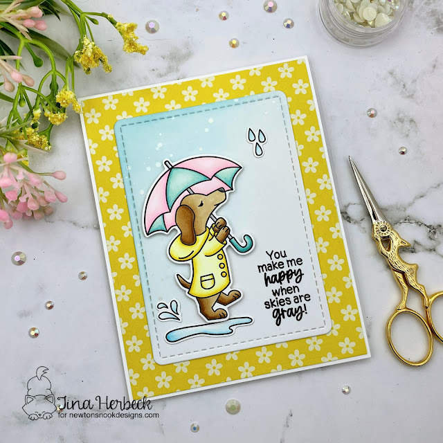 Happy When Skies are Gray Card by Tina Herbeck | Rainy Day Doxie Stamp Set, Spring Blooms Paper Pad and Frames & Flags Die Set by Newton's Nook Designs #newtonsnook #handmade