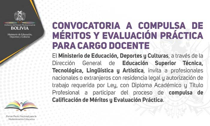 Convocatoria a compulsa a cargo docente en Educación Superior Técnica, Tecnológica, Lingüística y Artística