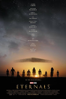Eternals poster. Group of people in silhouette infront of an orange sky with a slab like space ship in it
