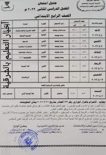 جدول امتحانات محافظة الشرقية الصف الرابع الابتدائى الترم الثاني