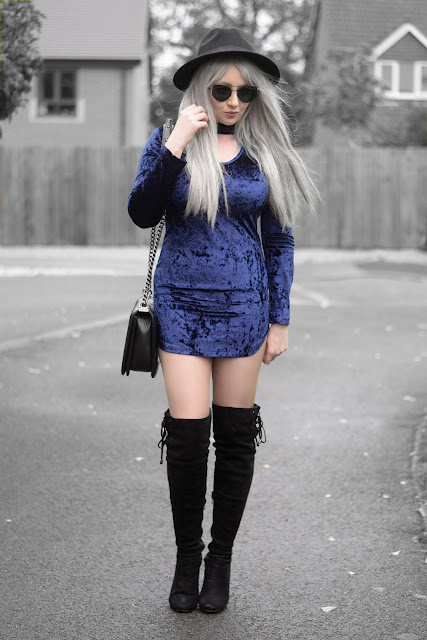 Sammi Jackson - Primark Black Fedora / Zaful Sunglasses / Fashion 71 Blue Velvet Dress / Oasap Quilted Flap Bag / Boohoo Thigh High Boots