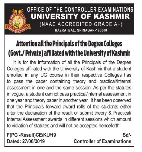 University of Kashmir another notification regarding attention to the Principals of the Degree colleges (Govt./private) affiliated with university of Kashmir 