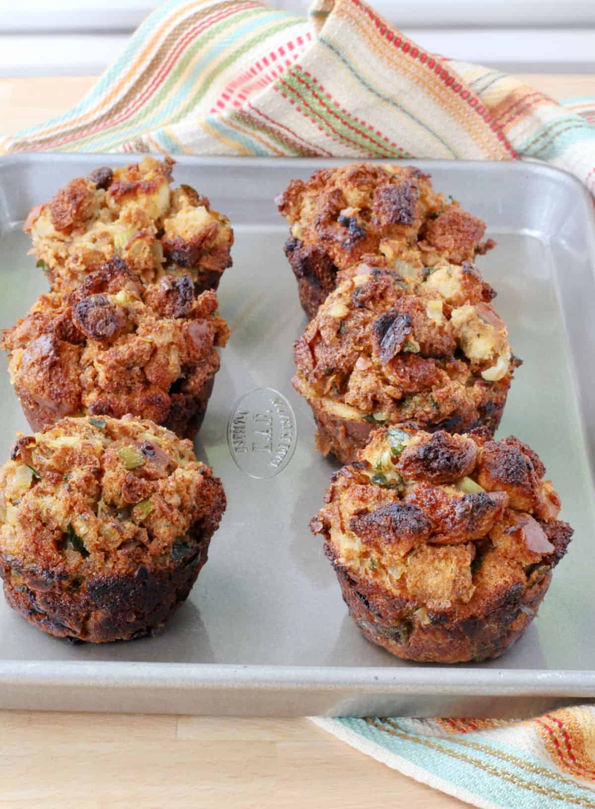 Stuffing Muffins on a baking sheet.