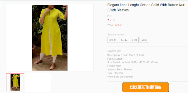  Elegant knee Lenght Cotton Solid With Button Kurti 3/4th Sleeves