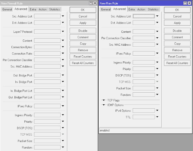 Gambar parameter antara firewall filter dan firewall raw.