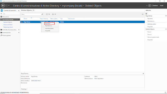 Centro di amministrazione di Active Directory, ripristina oggetto eliminato