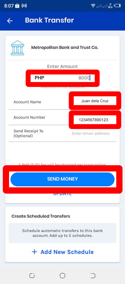 enter amount to transfer account name number