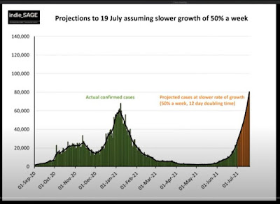 020721 indieSAGE linear graph showing cases to date and projection going forward at half the rate to 19th July