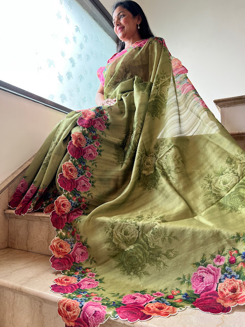 Indulge in the ethereal allure of our Olive Green Pure Tussar saree