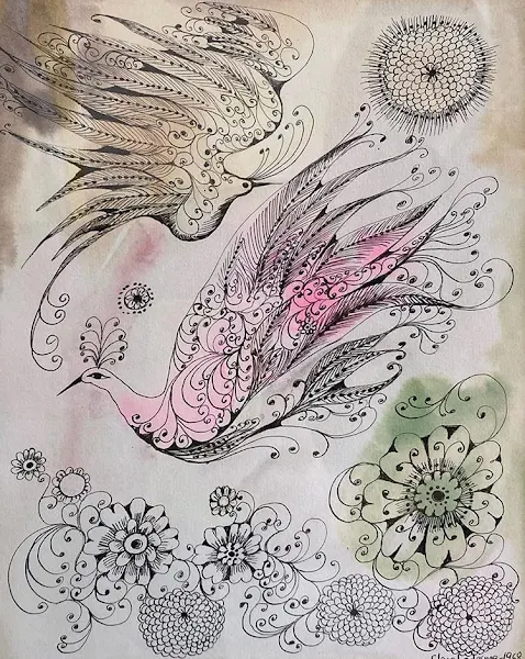Aves y flores, dibujo