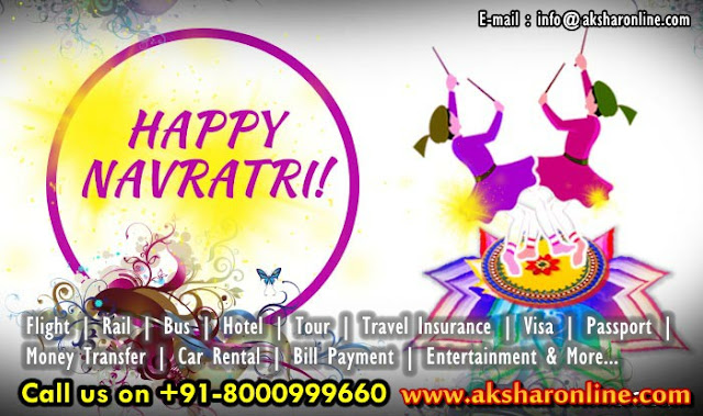 Happy Navratri - Navratri Tour Operator, Navratri Offers, Ticket Booking, Travel Booking, Air Ticket Booking, hotel booking, tour packages, tour agent in ahmedabad, travel agent in ghatlodia, cheap air ticket booking, aksharonline.com, akshar infocom, Hotel Booking, Railway Ticket Agent in Ahmedabad, Bus Ticket Booking, Money Transfer Services