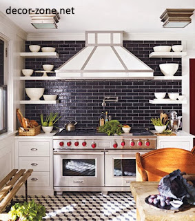 kitchen backsplash tile ideas of Metro style in a black color with white shelves