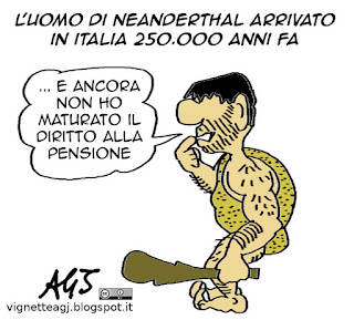 pensioni, neanderthal, artropologia, vignetta satira