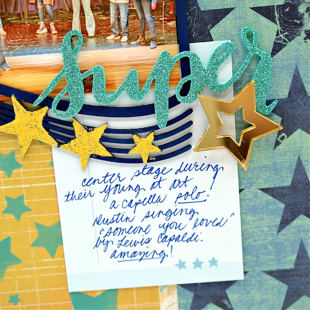 Super Star Glitter Word Sticker and Mirrored Gold Acrylic Star Title on a Mixed Media Scrapbook Layout