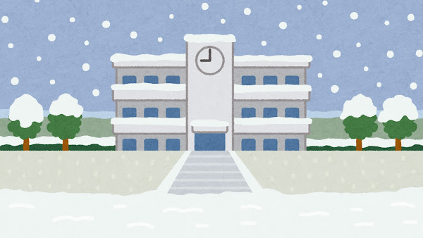 雪が降る学校の建物のイラスト（背景素材）